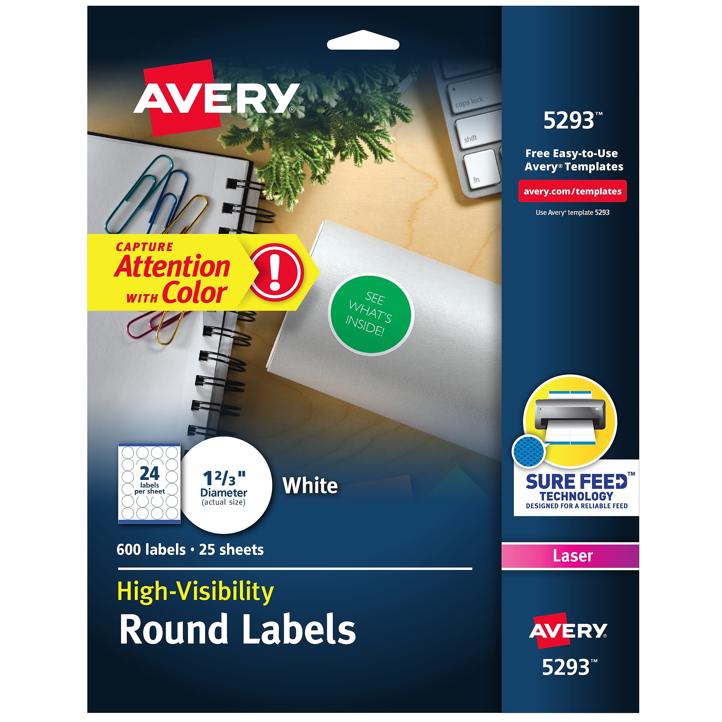 Avery High-Visibility Laser Specialty Labels, 1 2/3" Dia., White, 24 Labels/Sheet, 25 Sheets/Pack