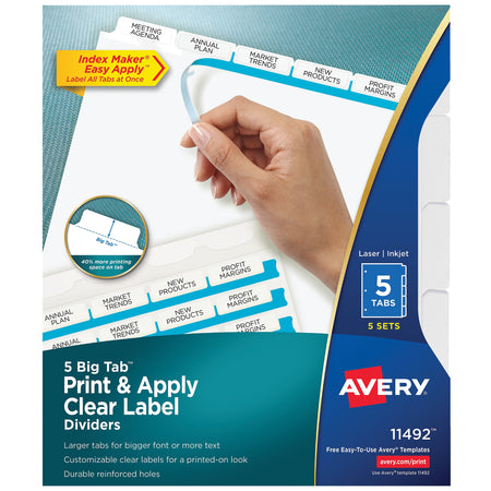 Avery Index Maker Big Tab Paper Dividers with Print & Apply Label Sheets, 5 Tabs, White, 5 Sets/Pack