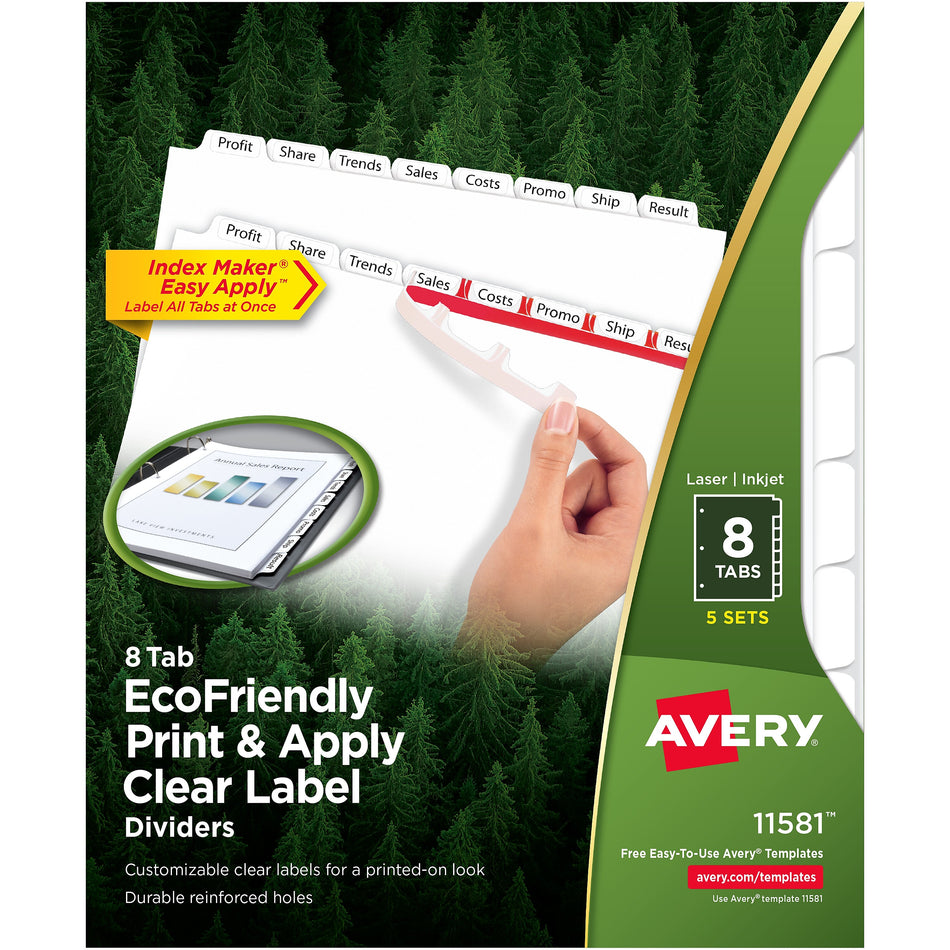 Avery Index Maker EcoFriendly Paper Dividers with Print & Apply Label Sheets, 8 Tab, White, 5 Sets/Pack