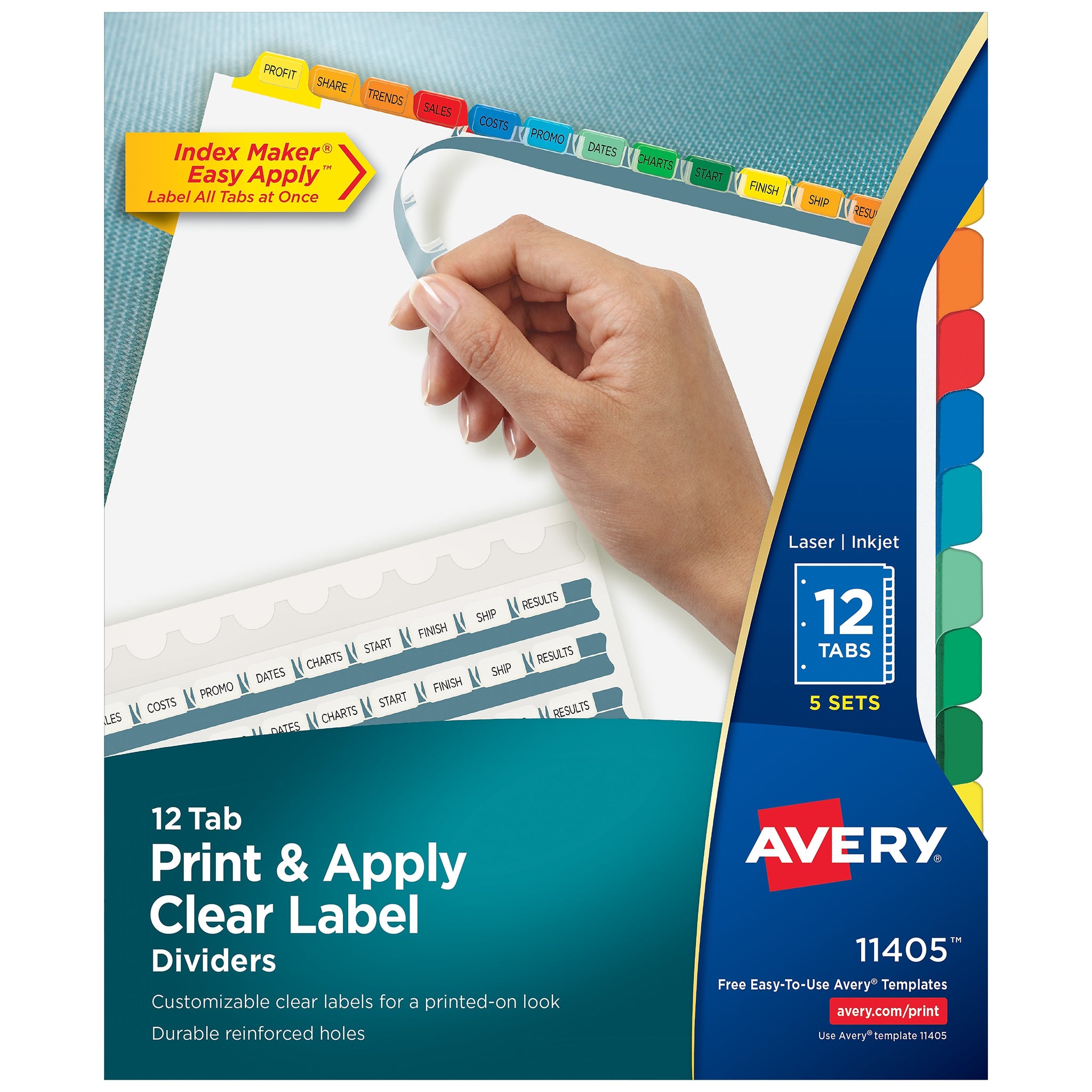 Avery Index Maker Paper Dividers with Print & Apply Label Sheets, 12 Tabs, Multicolor, 5 Sets/Pack
