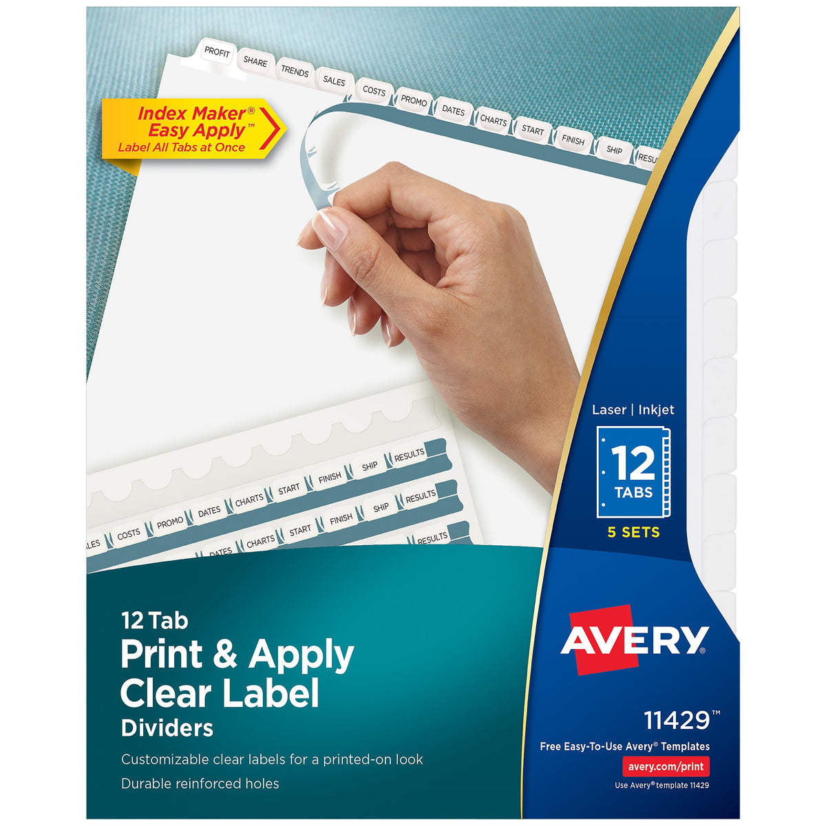 Avery Index Maker Paper Dividers with Print & Apply Label Sheets, 12 Tabs, White, 5 Sets/Pack