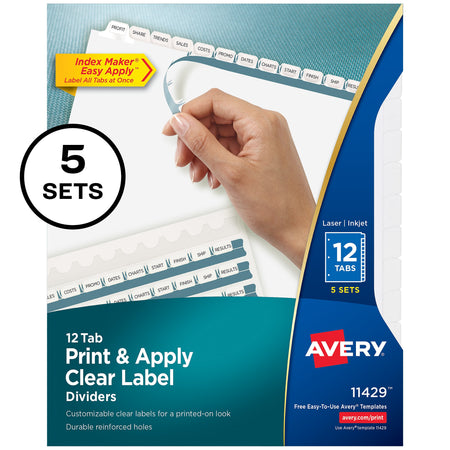 Avery Index Maker Paper Dividers with Print & Apply Label Sheets, 12 Tabs, White, 5 Sets/Pack