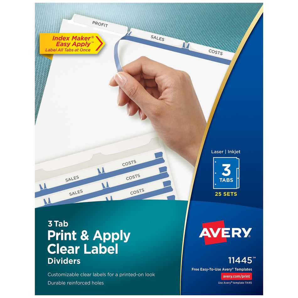 Avery Index Maker Paper Dividers with Print & Apply Label Sheets, 3 Tabs, White, 25 Sets/Pack