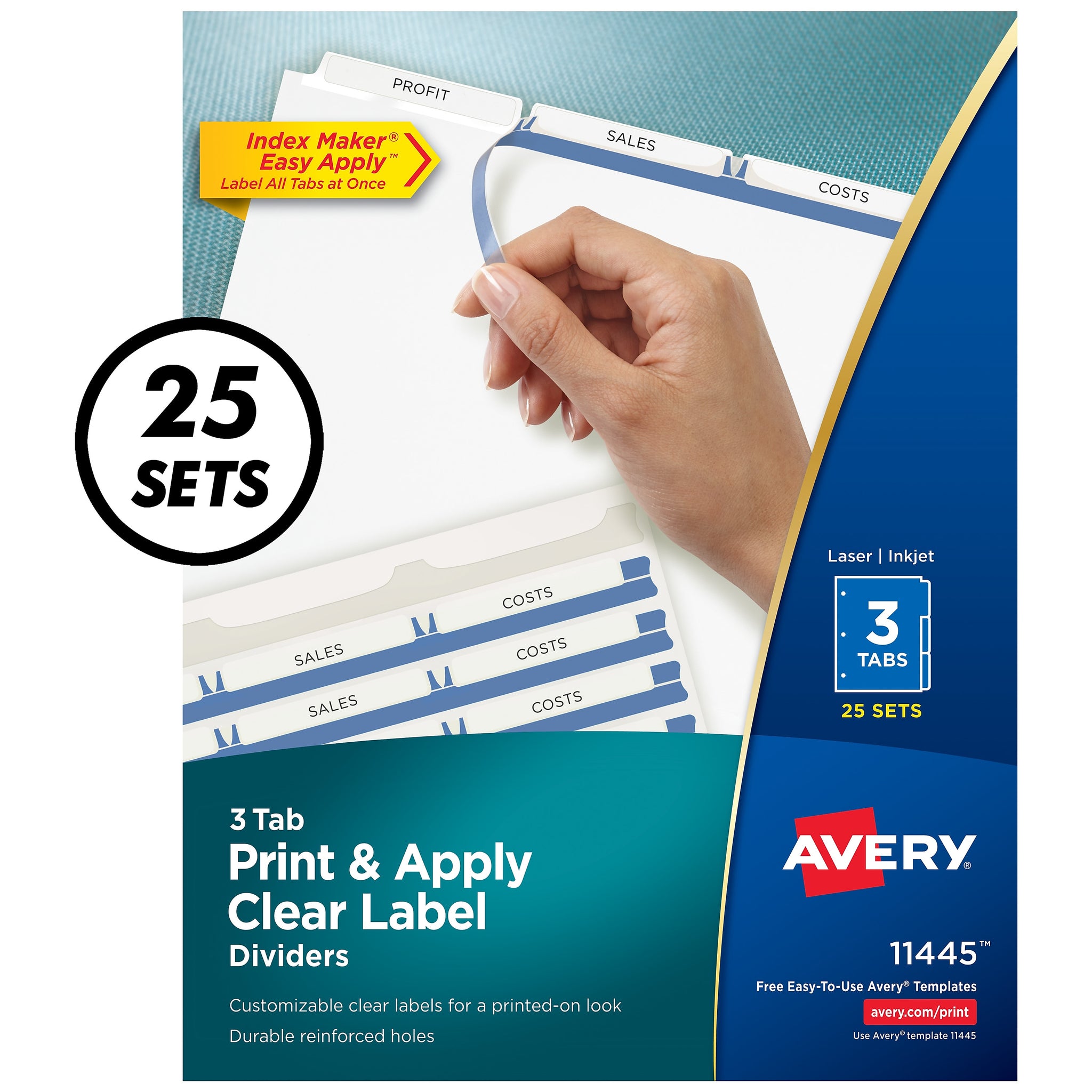 Avery Index Maker Paper Dividers with Print & Apply Label Sheets, 3 Tabs, White, 25 Sets/Pack