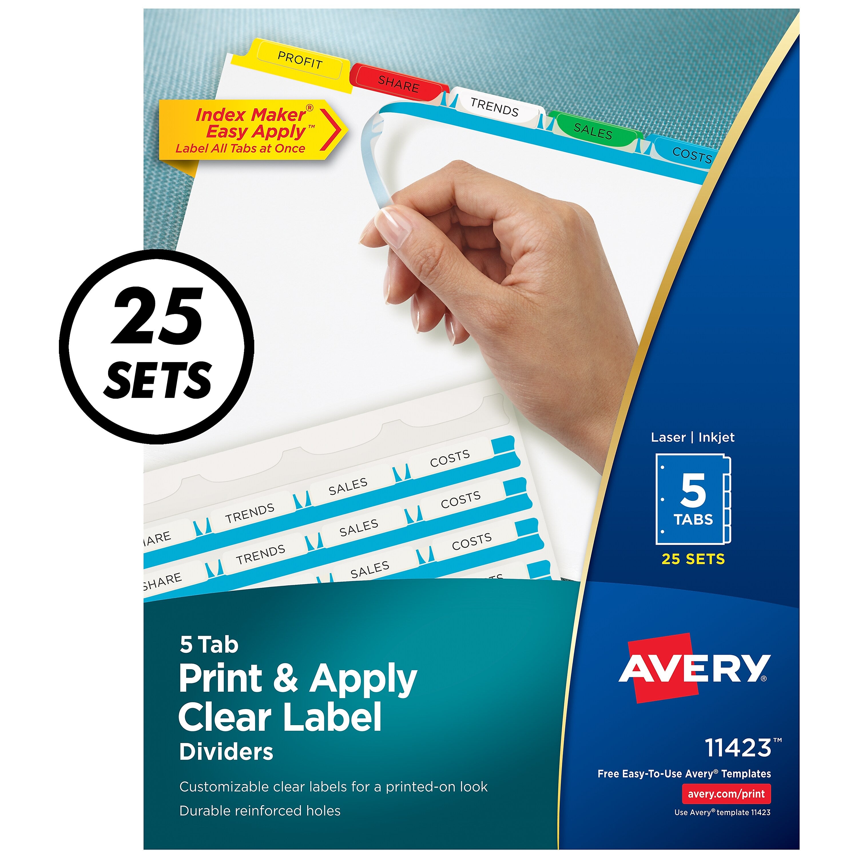 Avery Index Maker Paper Dividers with Print & Apply Label Sheets, 5 Tabs, Multicolor, 25 Sets/Pack