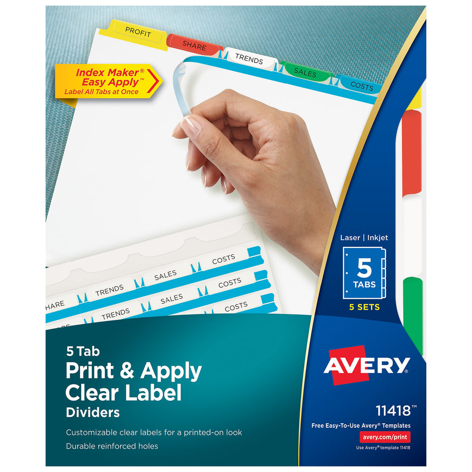 Avery Index Maker Paper Dividers with Print & Apply Label Sheets, 5 Tabs, Multicolor, 5 Sets/Pack