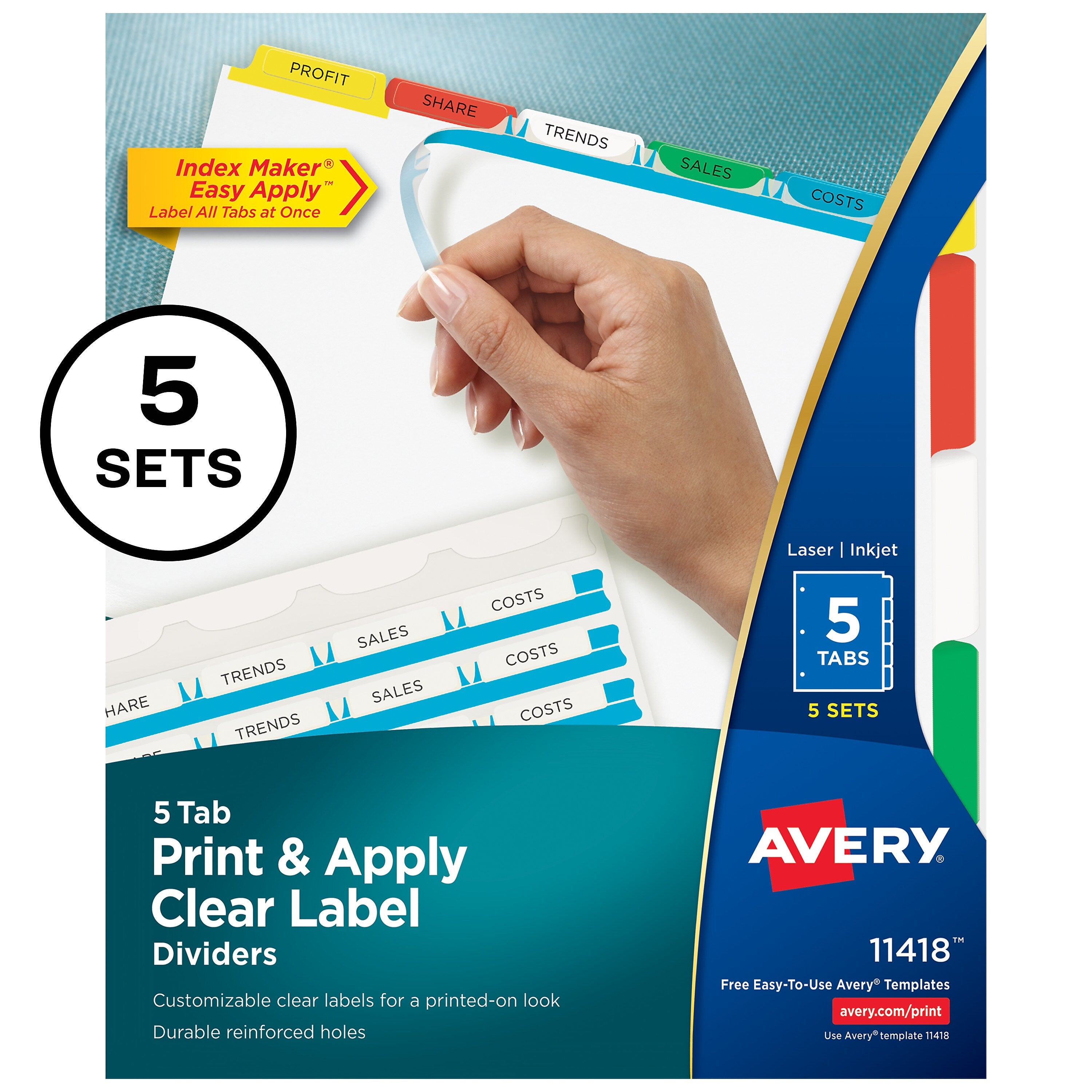 Avery Index Maker Paper Dividers with Print & Apply Label Sheets, 5 Tabs, Multicolor, 5 Sets/Pack