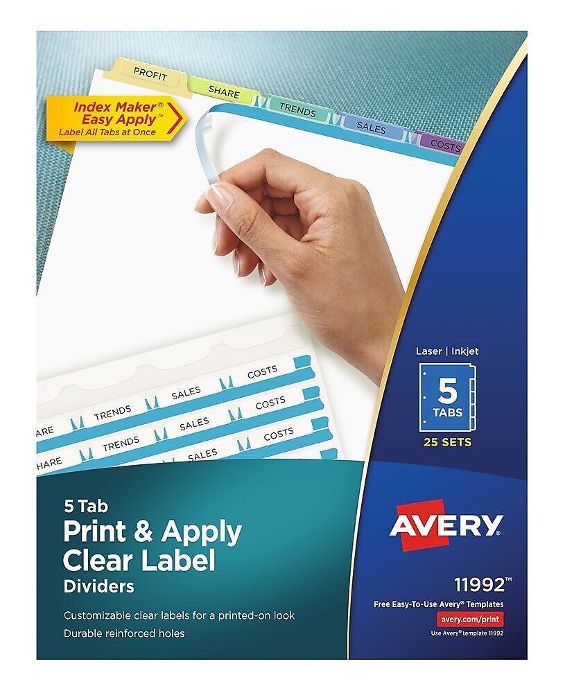 Avery Index Maker Paper Dividers with Print & Apply Label Sheets, 5 Tabs, Pastel, 25 Sets/Pack