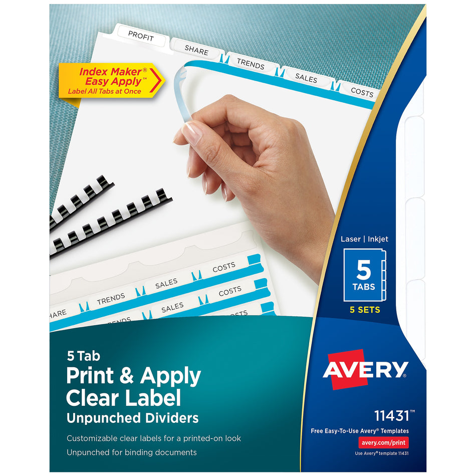 Avery Index Maker Paper Dividers with Print & Apply Label Sheets, 5 Tabs, White, 5 Sets/Pack