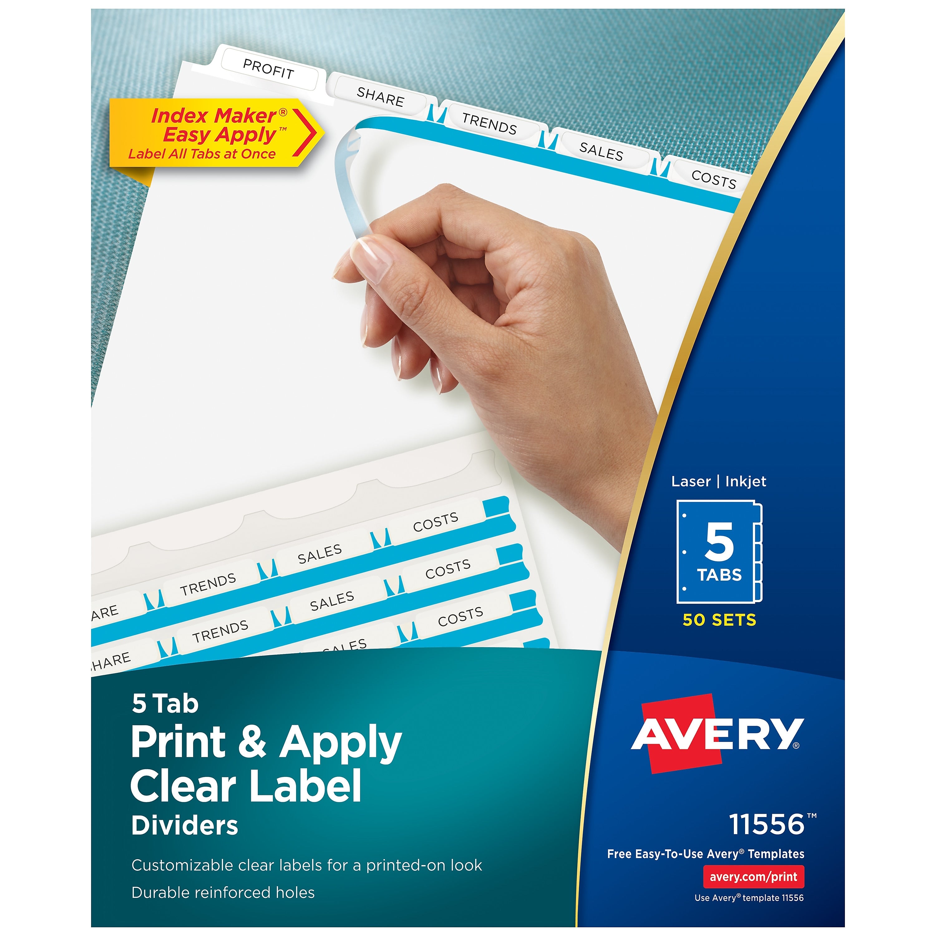 Avery Index Maker Paper Dividers with Print & Apply Label Sheets, 5 Tabs, White, 50 Sets/Pack