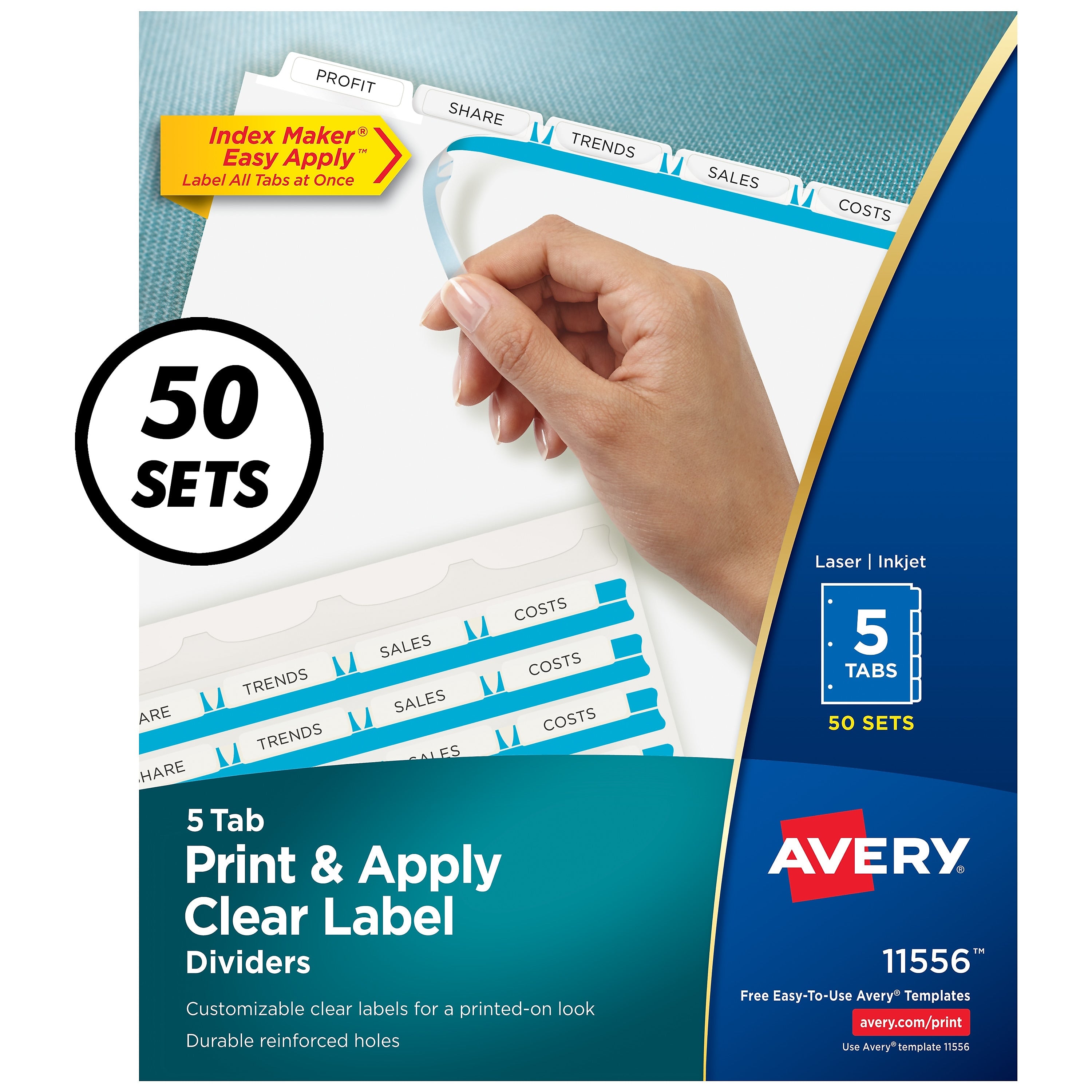 Avery Index Maker Paper Dividers with Print & Apply Label Sheets, 5 Tabs, White, 50 Sets/Pack