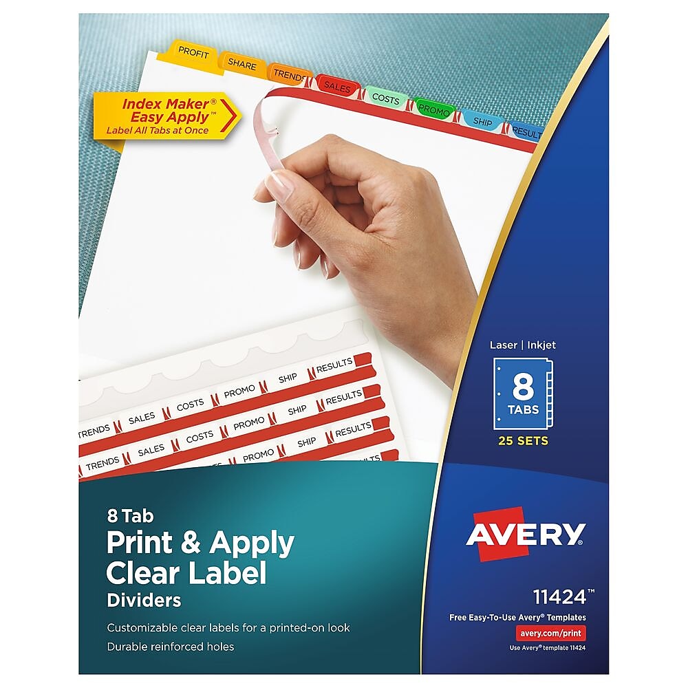 Avery Index Maker Paper Dividers with Print & Apply Label Sheets, 8 Tabs, Multicolor, 25 Sets/Pack