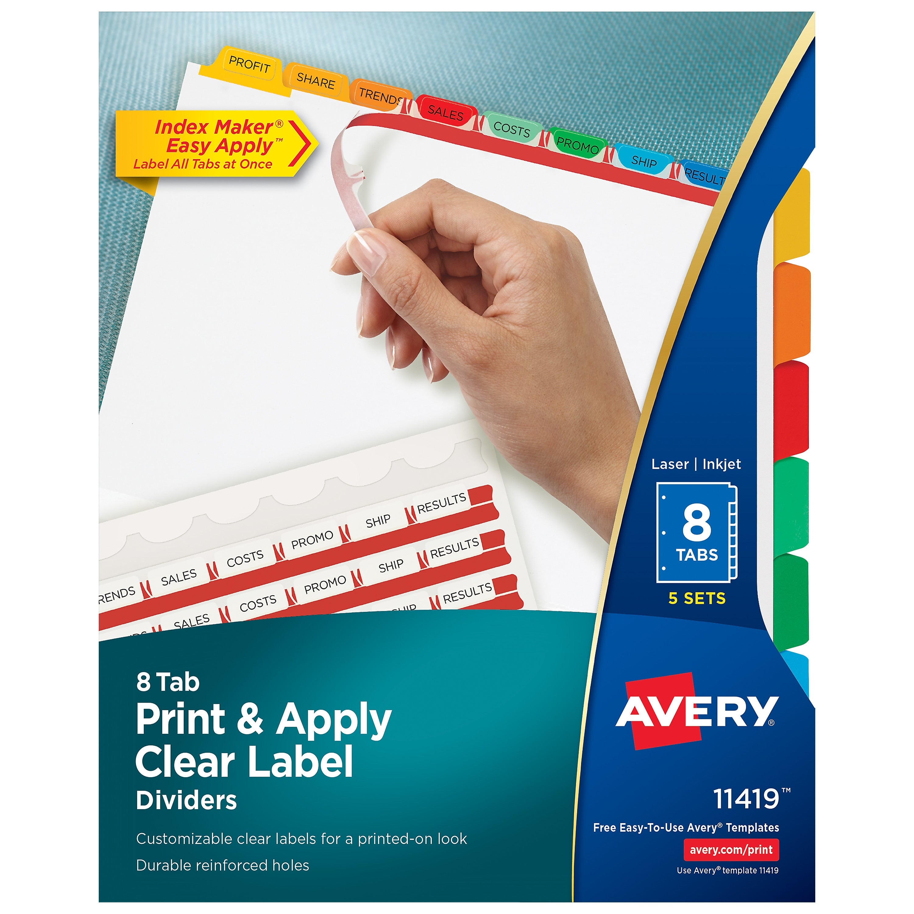 Avery Index Maker Paper Dividers with Print & Apply Label Sheets, 8 Tabs, Multicolor, 5 Sets/Pack