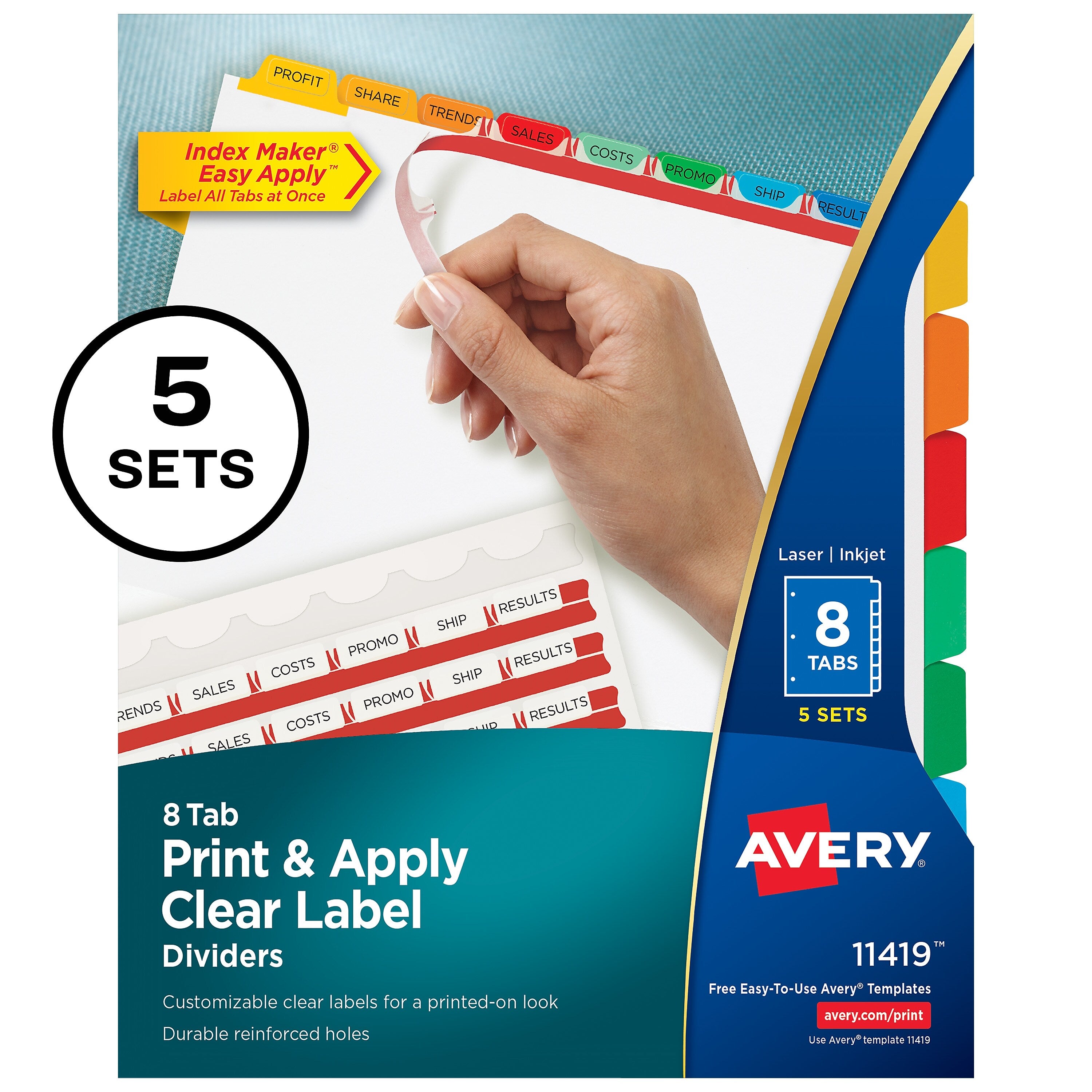 Avery Index Maker Paper Dividers with Print & Apply Label Sheets, 8 Tabs, Multicolor, 5 Sets/Pack