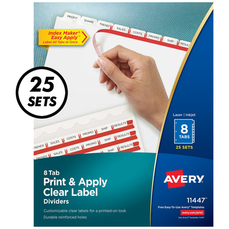 Avery Index Maker Paper Dividers with Print & Apply Label Sheets, 8 Tabs, White, 25 Sets/Pack