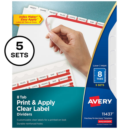 Avery Index Maker Paper Dividers with Print & Apply Label Sheets, 8 Tabs, White, 5 Sets/Pack