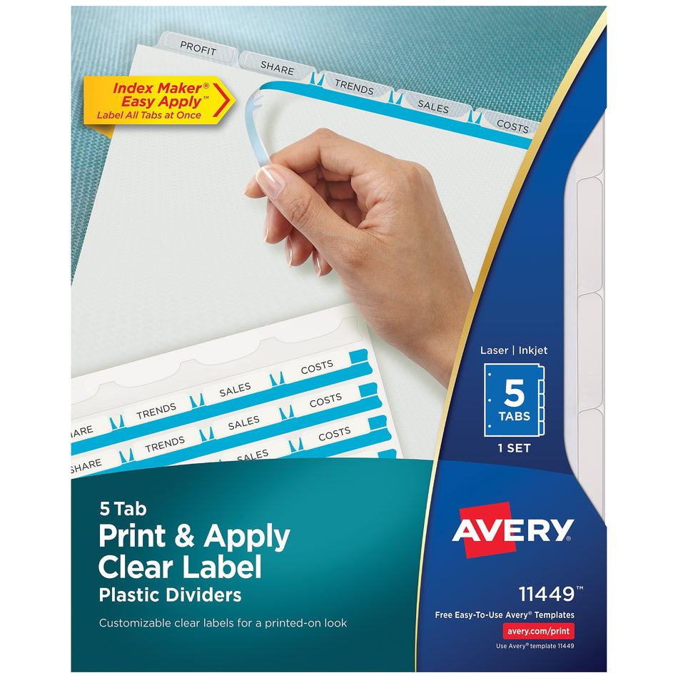 Avery Index Maker Plastic Dividers with Print & Apply Label Sheets, 5 Tabs, Frosted White