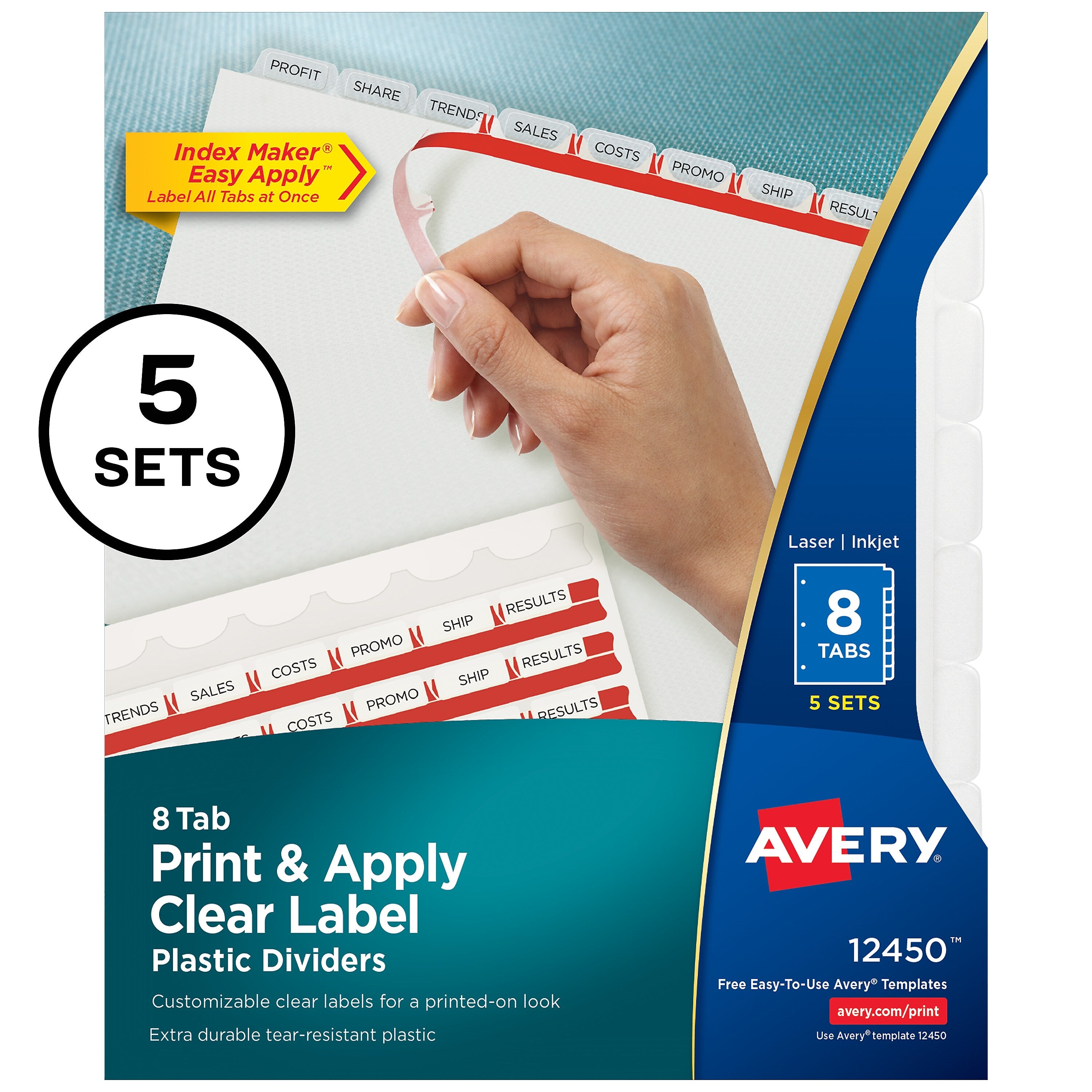 Avery Index Maker Plastic Dividers with Print & Apply Label Sheets, 5 Tabs, Frosted White, 5 Sets/Pack
