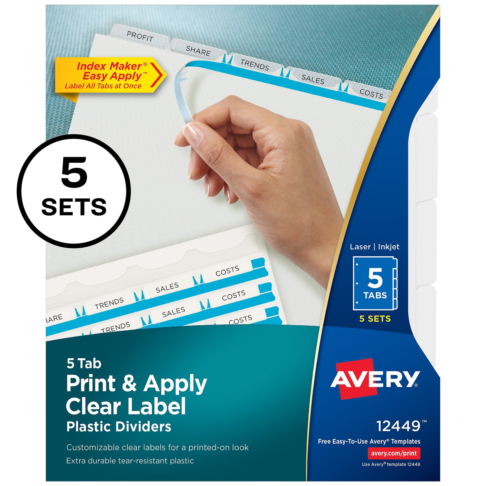 Avery Index Maker Plastic Dividers with Print & Apply Label Sheets, 5 Tabs, Multicolor, 5 Sets/Pack
