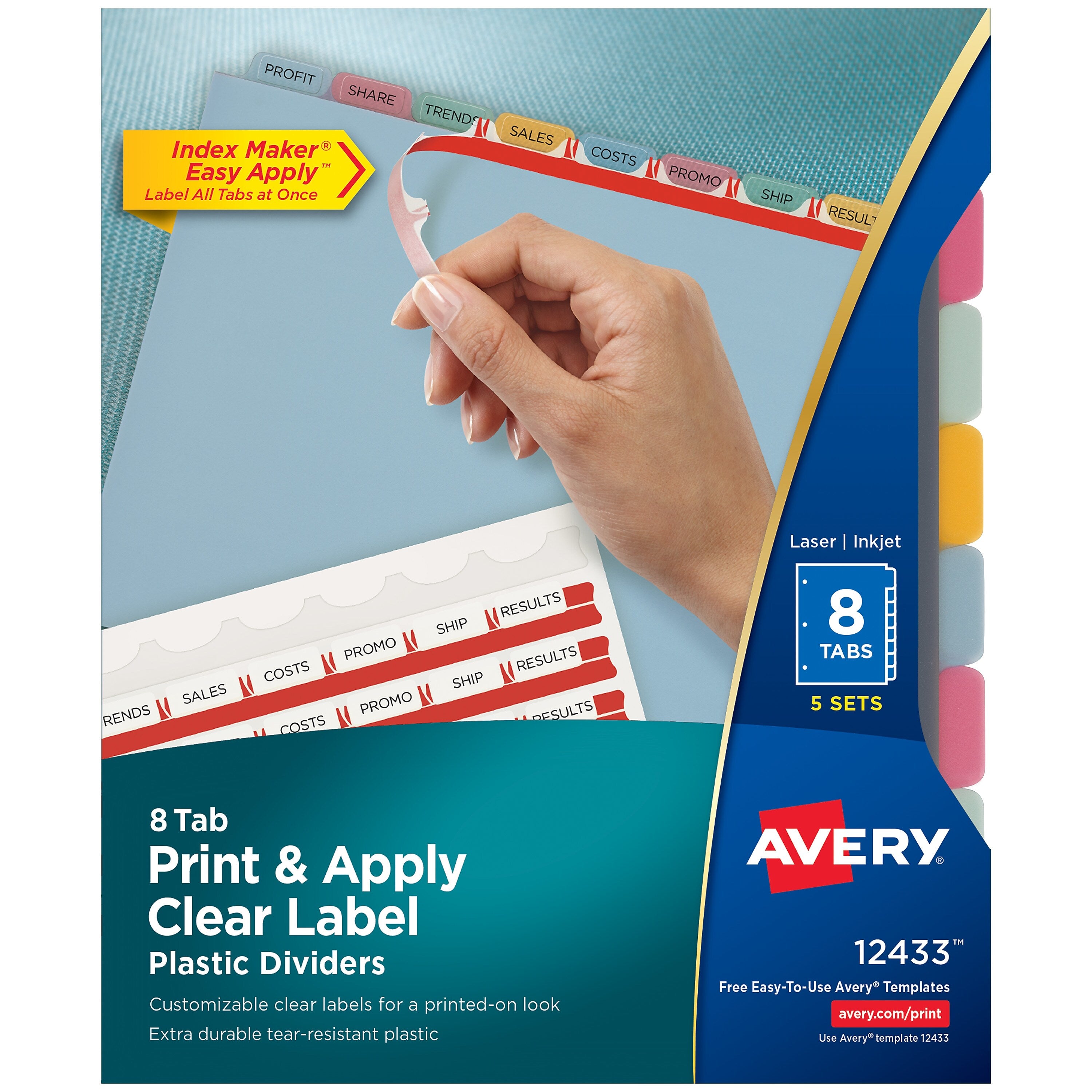 Avery Index Maker Plastic Dividers with Print & Apply Label Sheets, 8 Tabs, Multicolor, 5 Sets/Pack