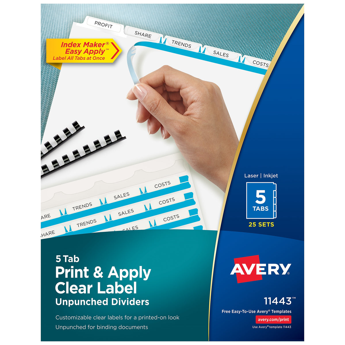 Avery Index Maker Unpunched Paper Dividers with Print & Apply Label Sheets, 5 Tabs, White, 25 Sets/Pack