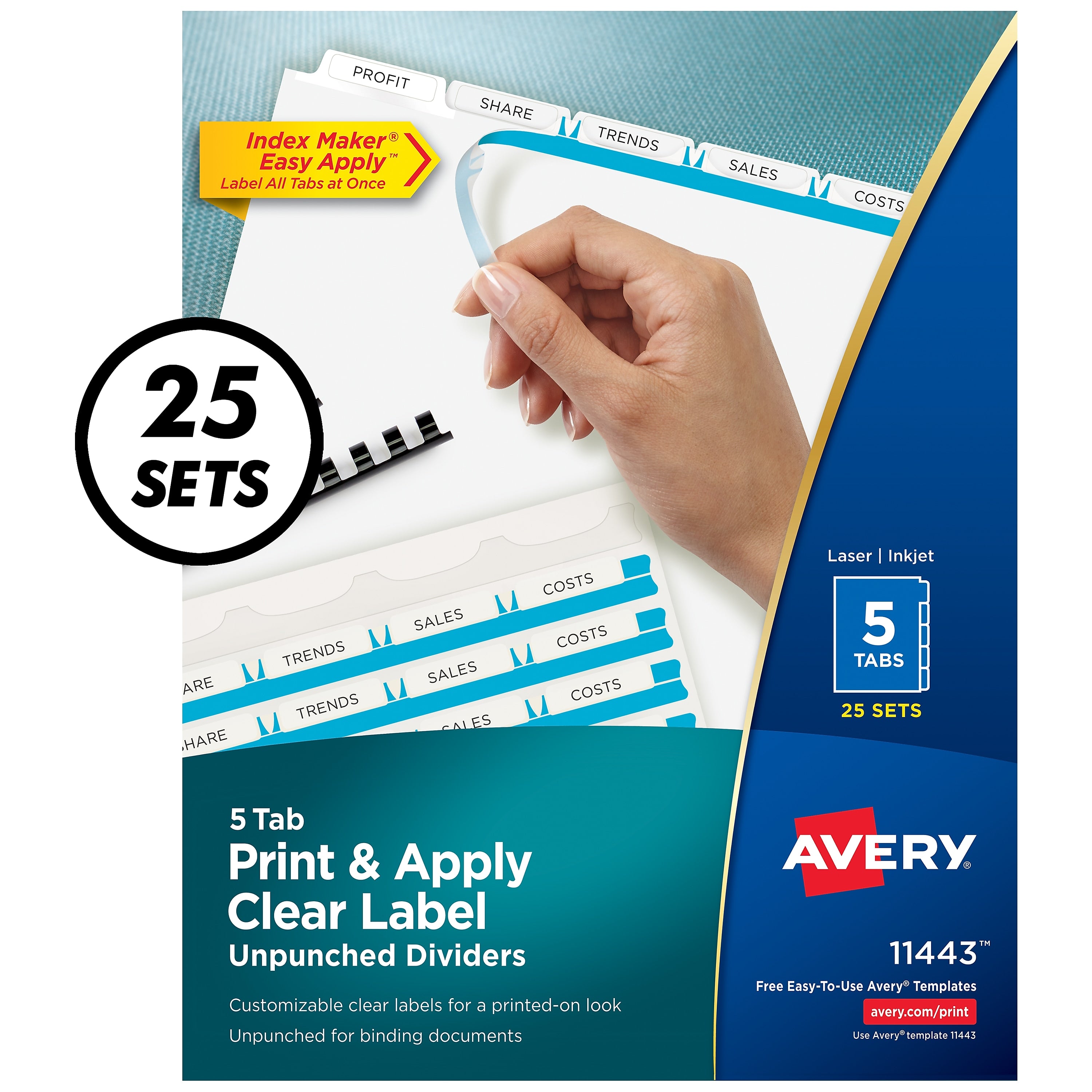 Avery Index Maker Unpunched Paper Dividers with Print & Apply Label Sheets, 5 Tabs, White, 25 Sets/Pack