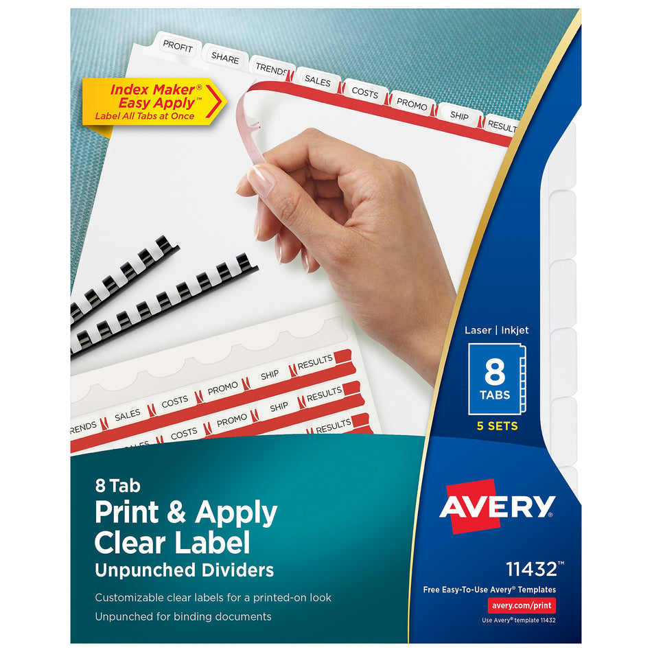 Avery Index Maker Unpunched Paper Dividers with Print & Apply Label Sheets, 8 Tabs, White, 5 Sets/Pack