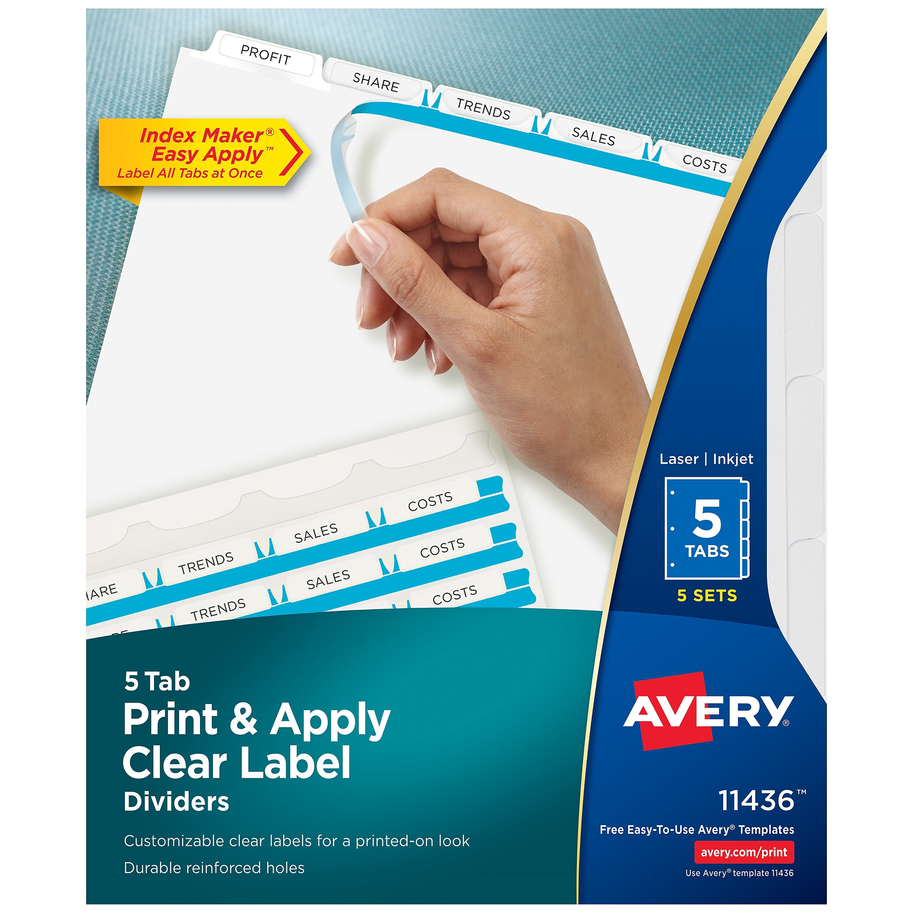 Avery IndexMaker Print & Apply Label Dividers, 5-Tab, Clear, 5/Pack