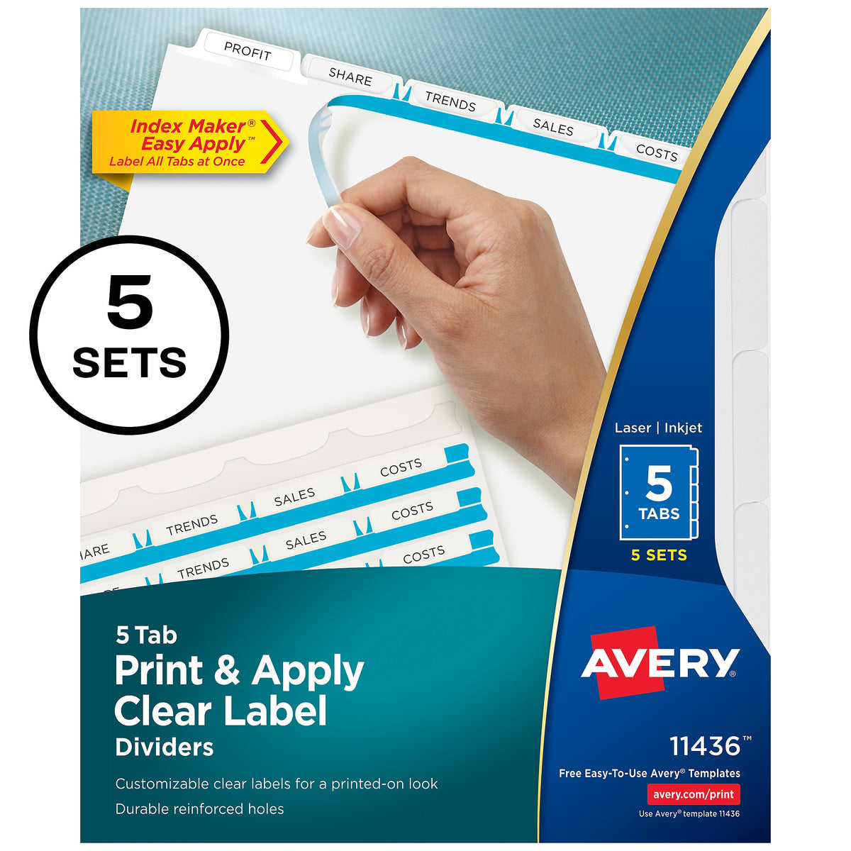 Avery IndexMaker Print & Apply Label Dividers, 5-Tab, Clear, 5/Pack