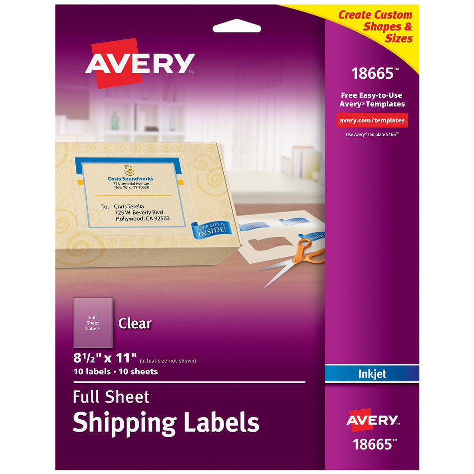 Avery Inkjet Shipping Labels, 8-1/2" x 11", Clear, 1 Label/Sheet, 10 Sheets/Pack