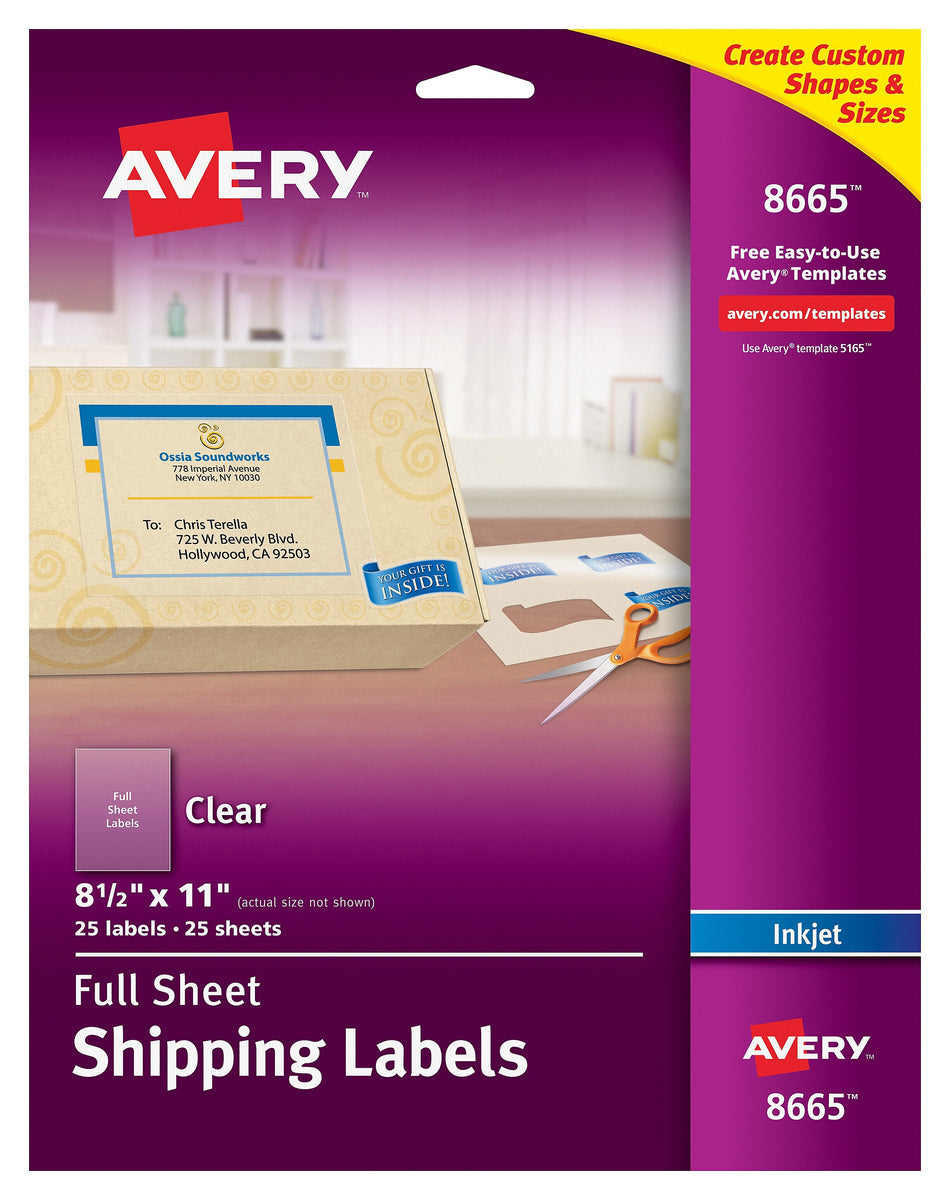 Avery Inkjet Shipping Labels, 8 1/2" x 11", Clear, 1/Sheet, 25 Sheets/Pack