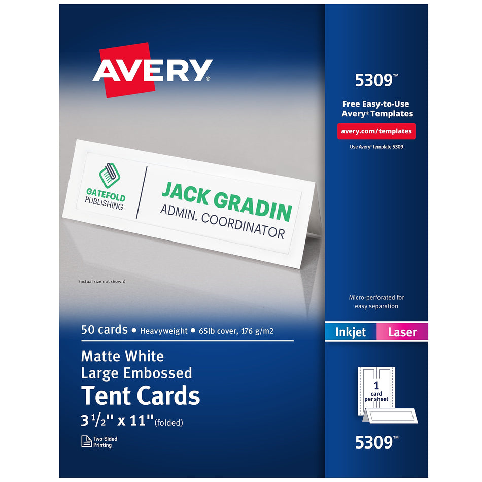 Avery Large Embossed 3.5"H x 11"W White Uncoated Table Tents, Inkjet/Laser, 50/Box