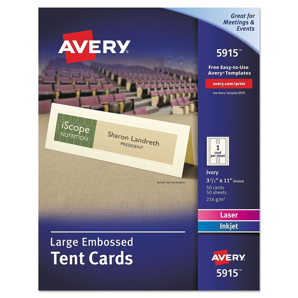 Avery Large Embossed Tent Card, Ivory, 3 1/2 X 11, 1 Card/sheet, 50/box