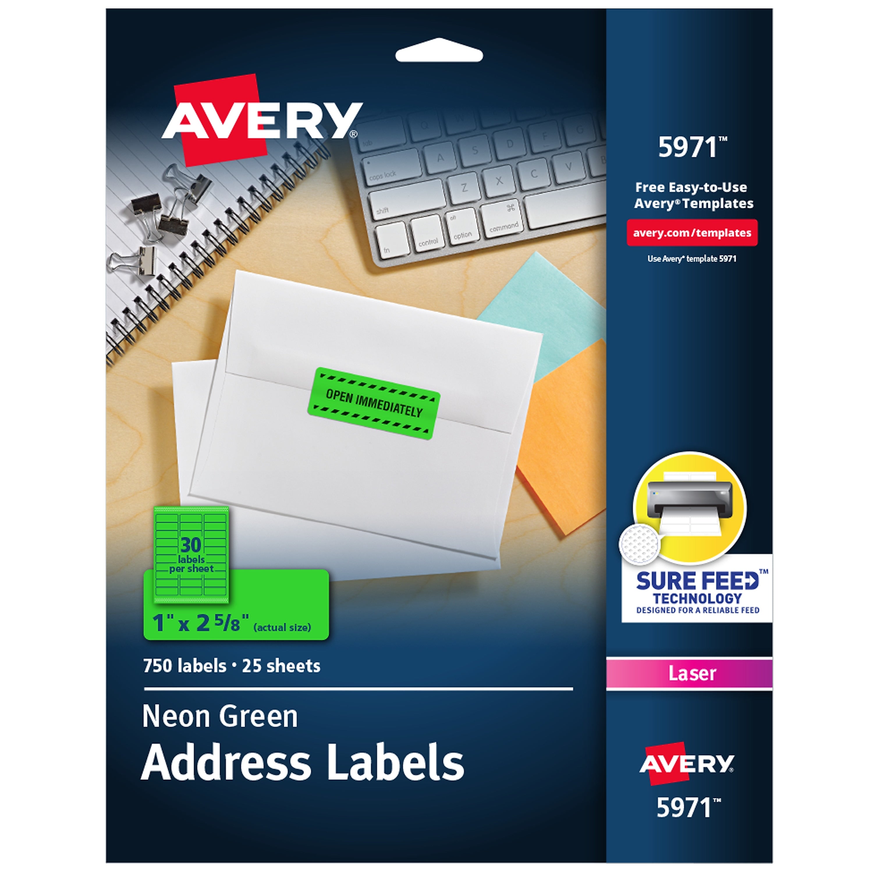 Avery Laser Address Labels, 1" x 2 5/8", Neon Green, 30 Labels/Sheet, 25 Sheets/Pack