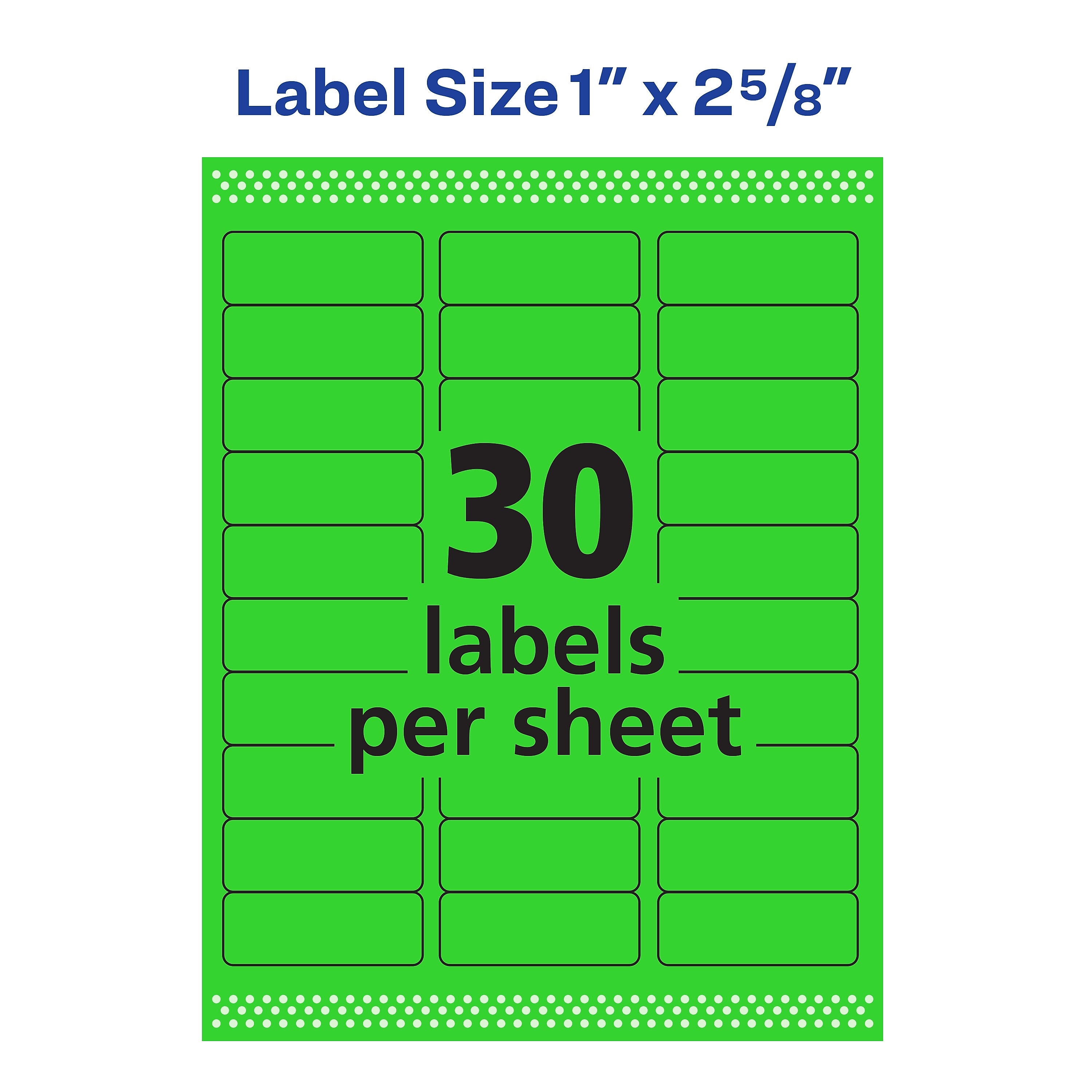 Avery Laser Address Labels, 1" x 2 5/8", Neon Green, 30 Labels/Sheet, 25 Sheets/Pack