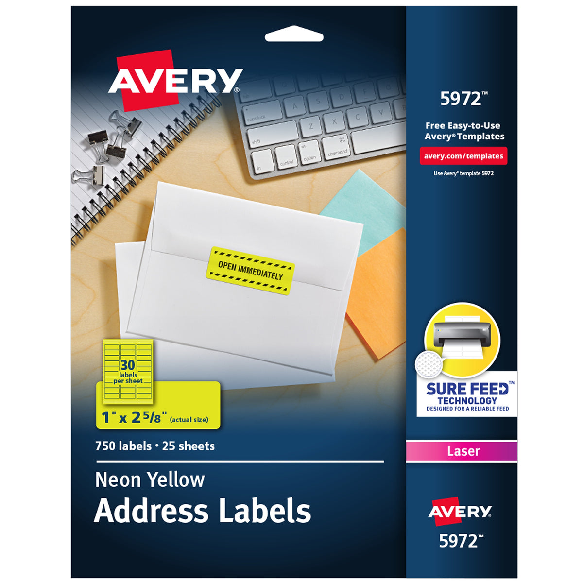 Avery Laser Address Labels, 1" x 2 5/8", Neon Yellow, 30 Labels/Sheet, 25 Sheets/Pack