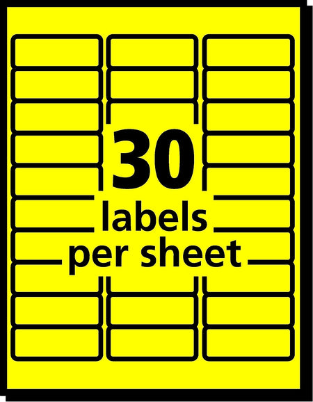 Avery Laser Address Labels, 1" x 2 5/8", Neon Yellow, 30 Labels/Sheet, 25 Sheets/Pack