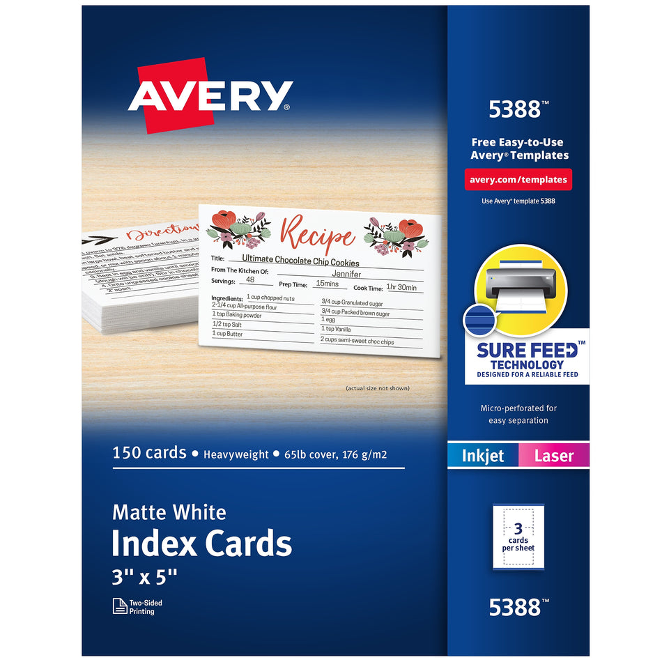 Avery Laser and Inkjet Index Cards, 3" x 5", White, 150/Pack