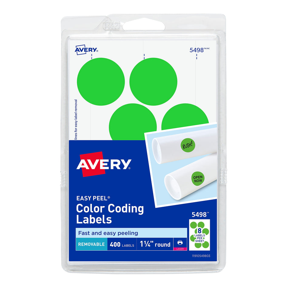 Avery Laser Color Coding Labels, 1 1/4" Dia., Neon Green, 8/Sheet, 50 Sheets/Pack