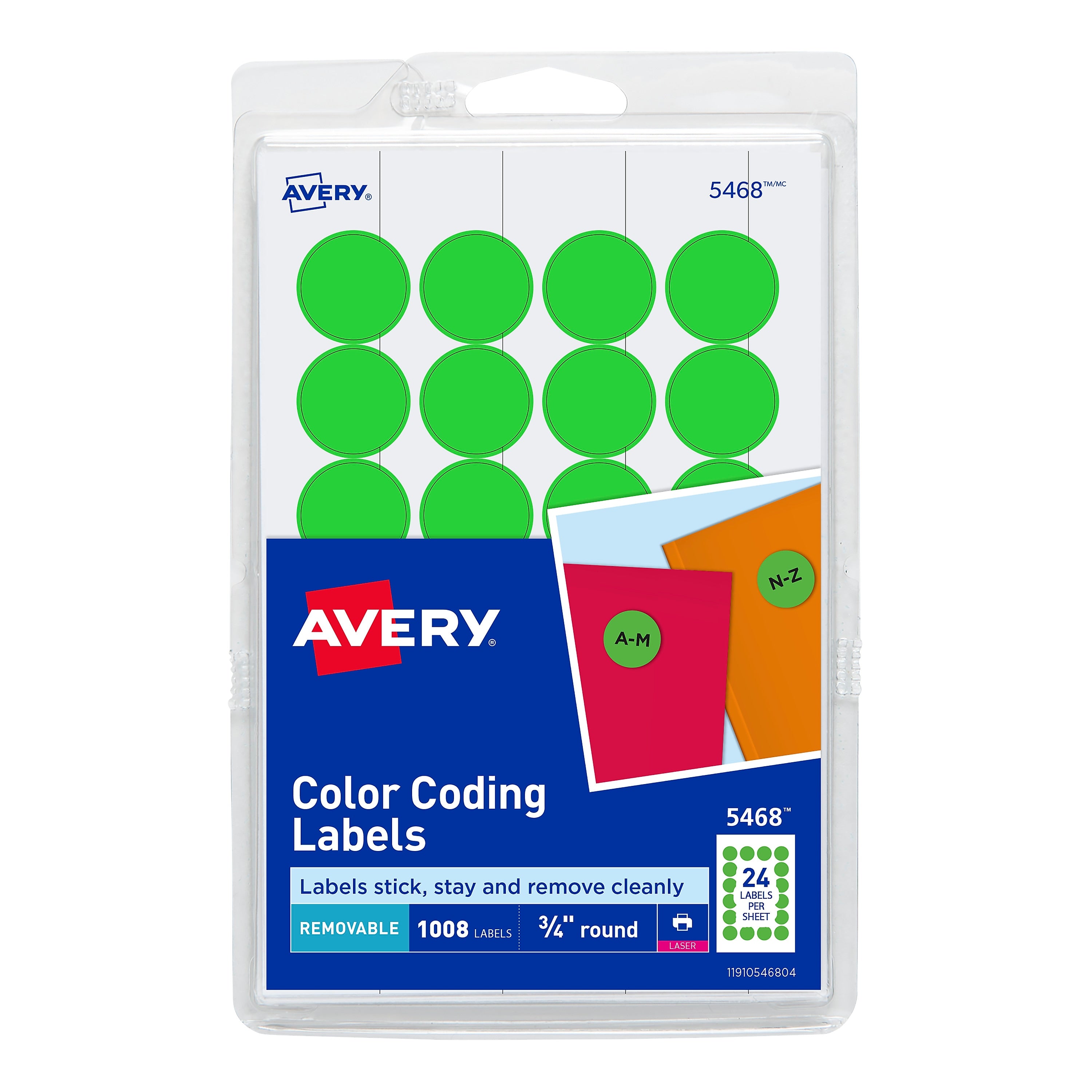 Avery Laser Color Coding Labels, 3/4" Dia., Neon Green, 1008 Labels Per Pack