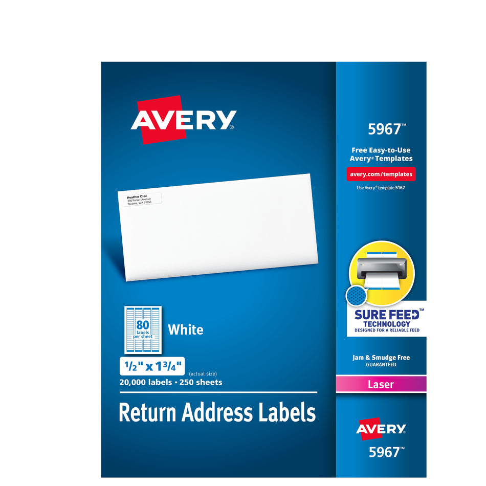 Avery Laser Return Address Labels, 1/2" x 1-3/4", White, 80 Labels/Sheet, 250 Sheets/Box