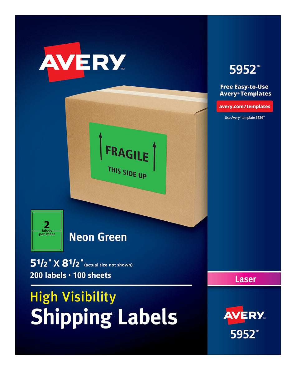 Avery Laser Shipping Labels, 5-1/2" x 8-1/2", Neon Green, 2 Labels/Sheet, 100 Sheets/Box