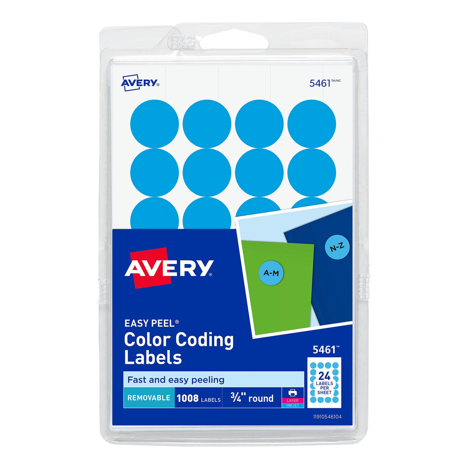 Avery Laser/Inkjet Color Coding Labels, 3/4" Dia., Light Blue, 1008 Labels Per Pack