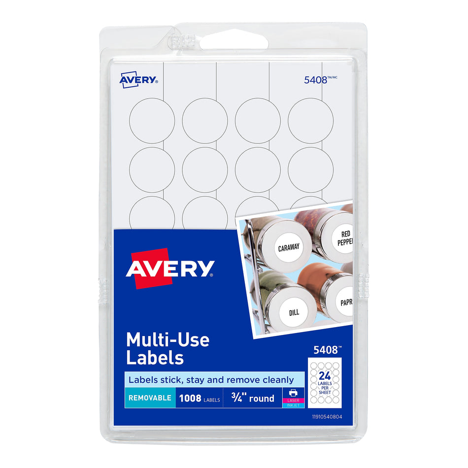 Avery Laser/Inkjet Color Coding Labels, 3/4" Dia., White, 1008 Labels Per Pack