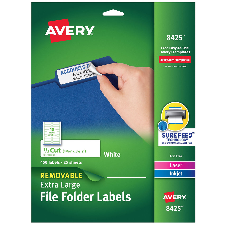 Avery Laser/Inkjet File Folder Labels, 15/16" x 3 7/16", White, 18/Sheet, 25 Sheets/Pack