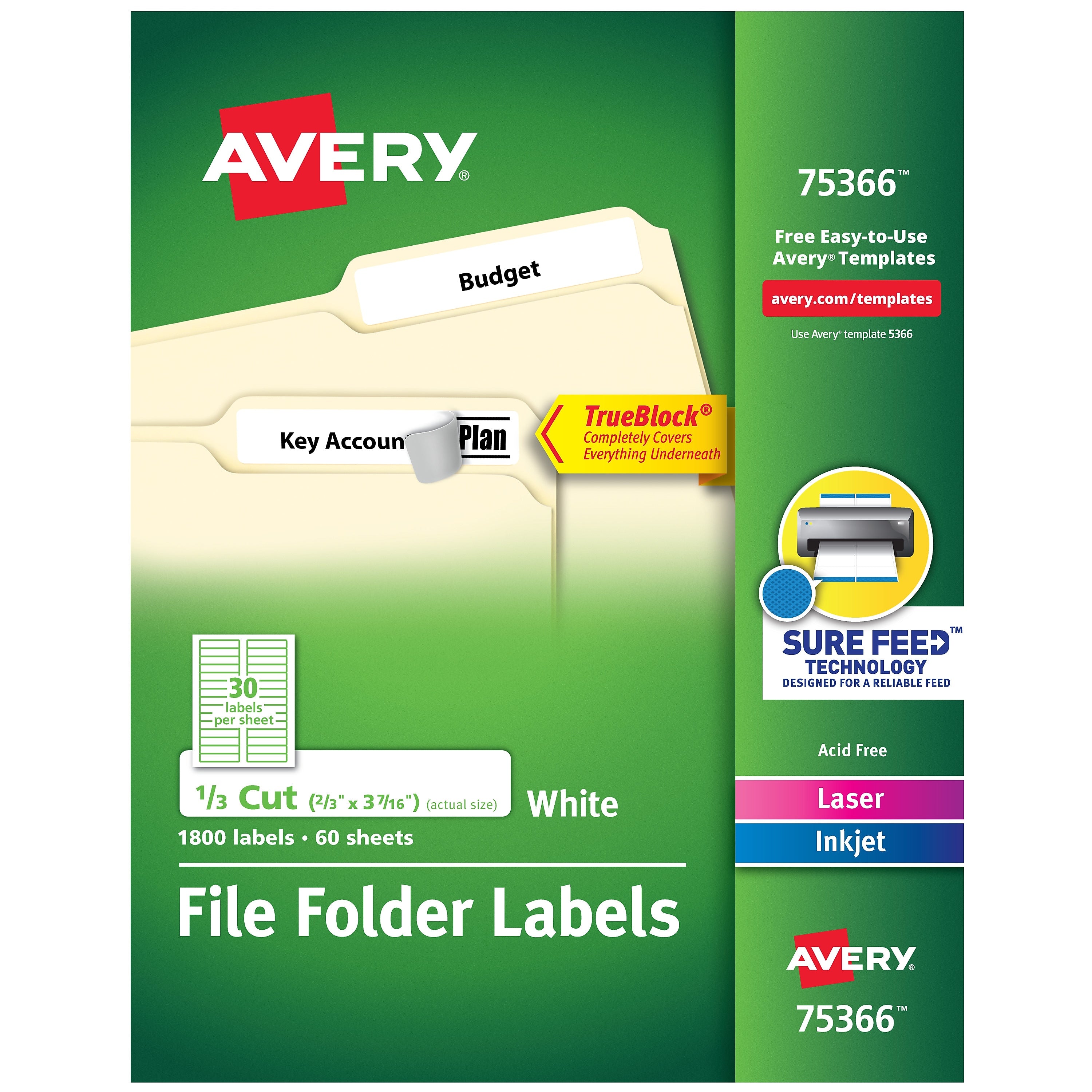 Avery Laser/Inkjet File Folder Labels, 2/3" x 3 7/16", White, 30/Sheet, 60 Sheets/Pack