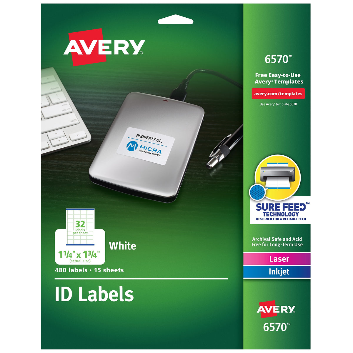 Avery Laser/Inkjet Identification Labels, 1 1/4" x 1 3/4", White, 32/Sheet, 15 Sheets/Pack