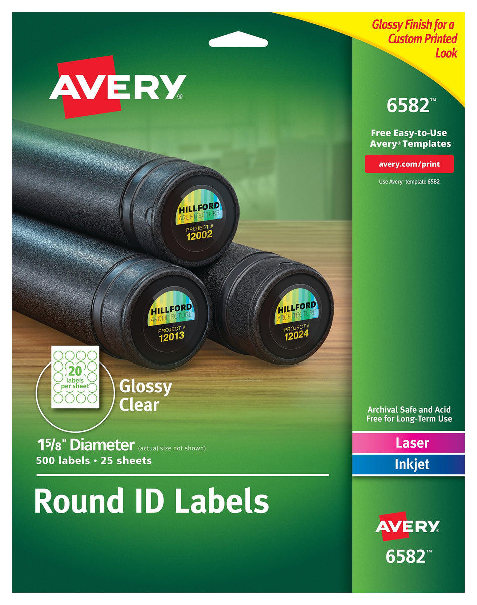 Avery Laser/Inkjet Identification Labels, 1 5/8" Dia., Glossy Clear, 20/Sheet, 25 Sheets/Pack