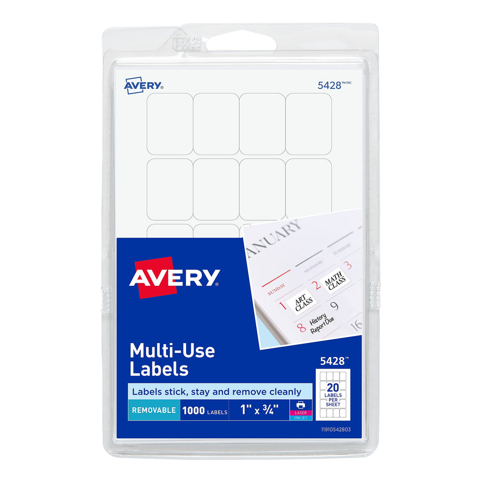 Avery Laser/Inkjet Multipurpose Labels, 1" x 3/4", White, 20/Sheet, 50 Sheets/Pack