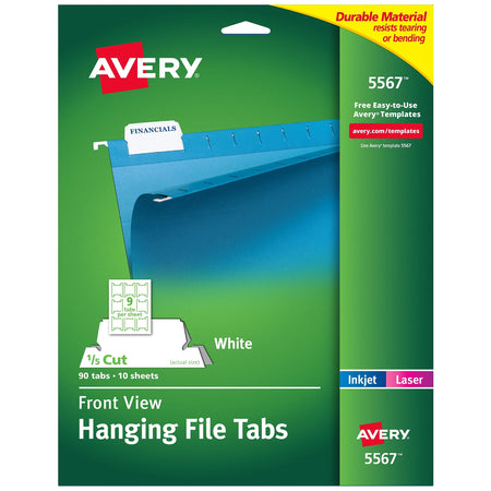 Avery Laser/Inkjet Permanent Adhesive Hanging File Tabs, White, 90 Labels Per Pack